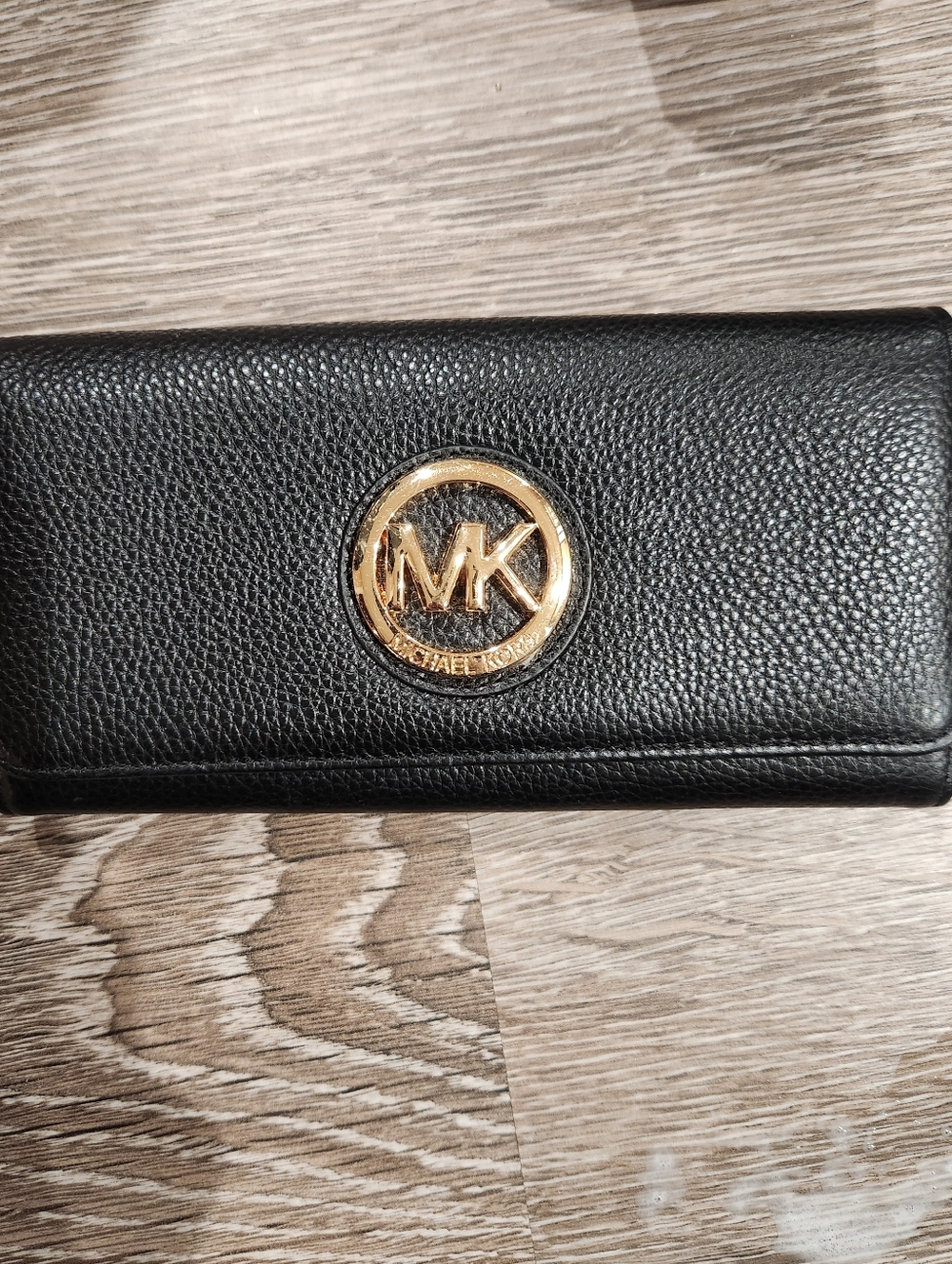 Michael Kors Black Pebbled Leather Wallet with Gold MK Emblem